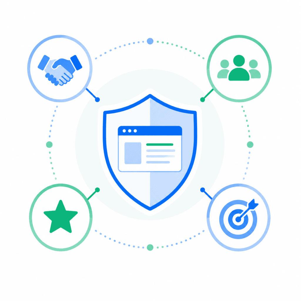 Ilustración flat design que representa los factores de autoridad, confianza, popularidad y relevancia que Google utiliza para valorar una página web.
