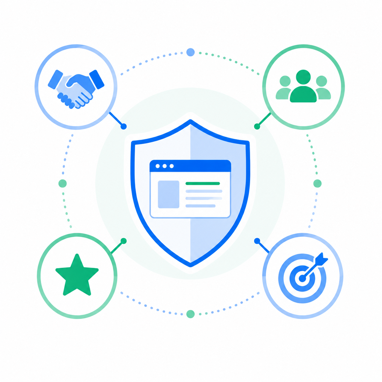 Ilustración flat design que representa los factores de autoridad, confianza, popularidad y relevancia que Google utiliza para valorar una página web.