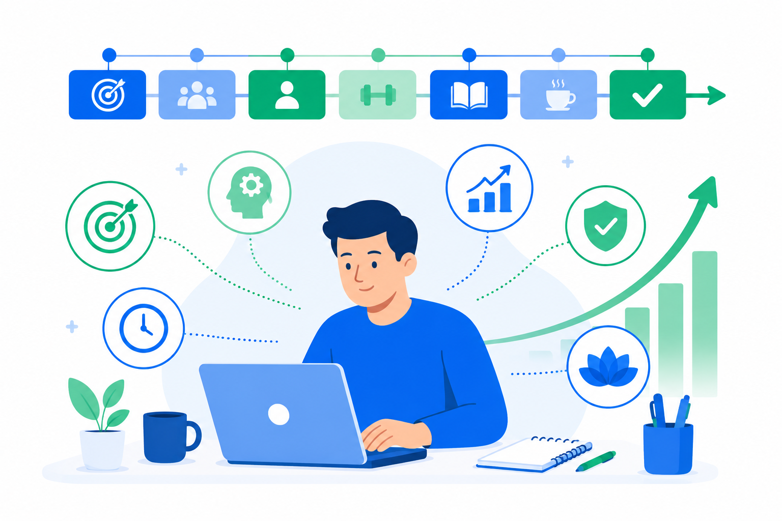 Ilustración flat design de una persona trabajando de forma organizada gracias a una planificación por bloques de tiempo, mostrando mayor concentración y productividad.