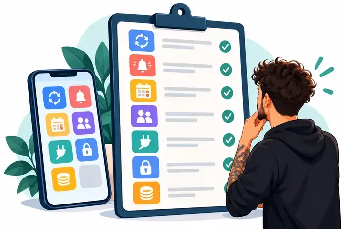 Lista de comprobación con iconos de las características clave de una aplicación de productividad, como sincronización, recordatorios y privacidad