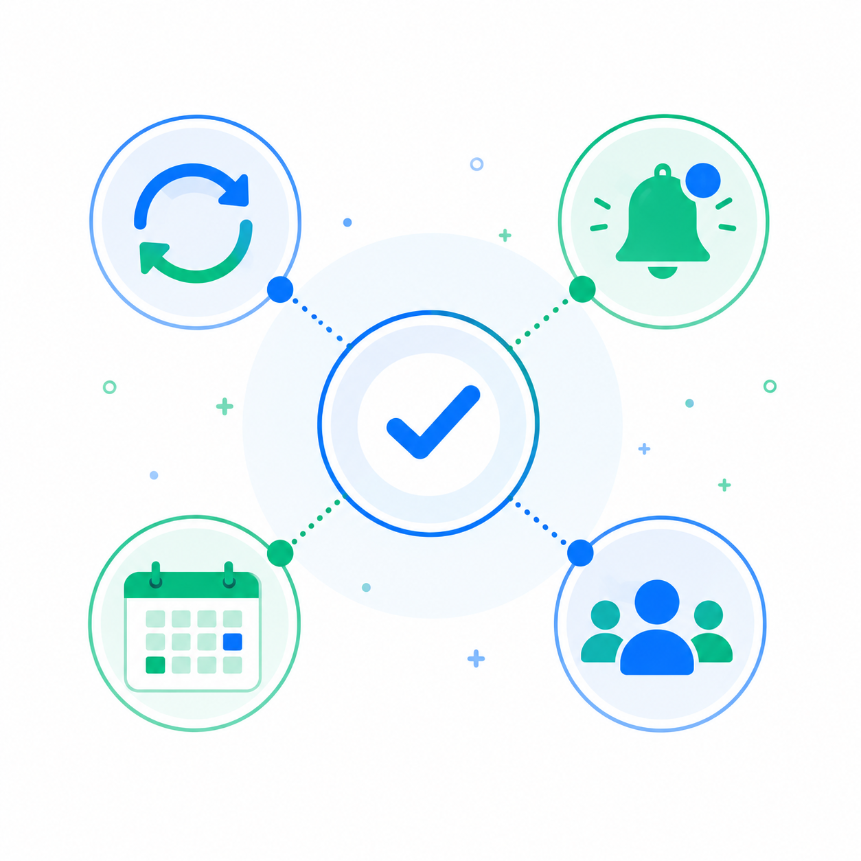 Ilustración flat design de las características clave de una buena aplicación de productividad, como sincronización, recordatorios, calendario y trabajo en equipo.