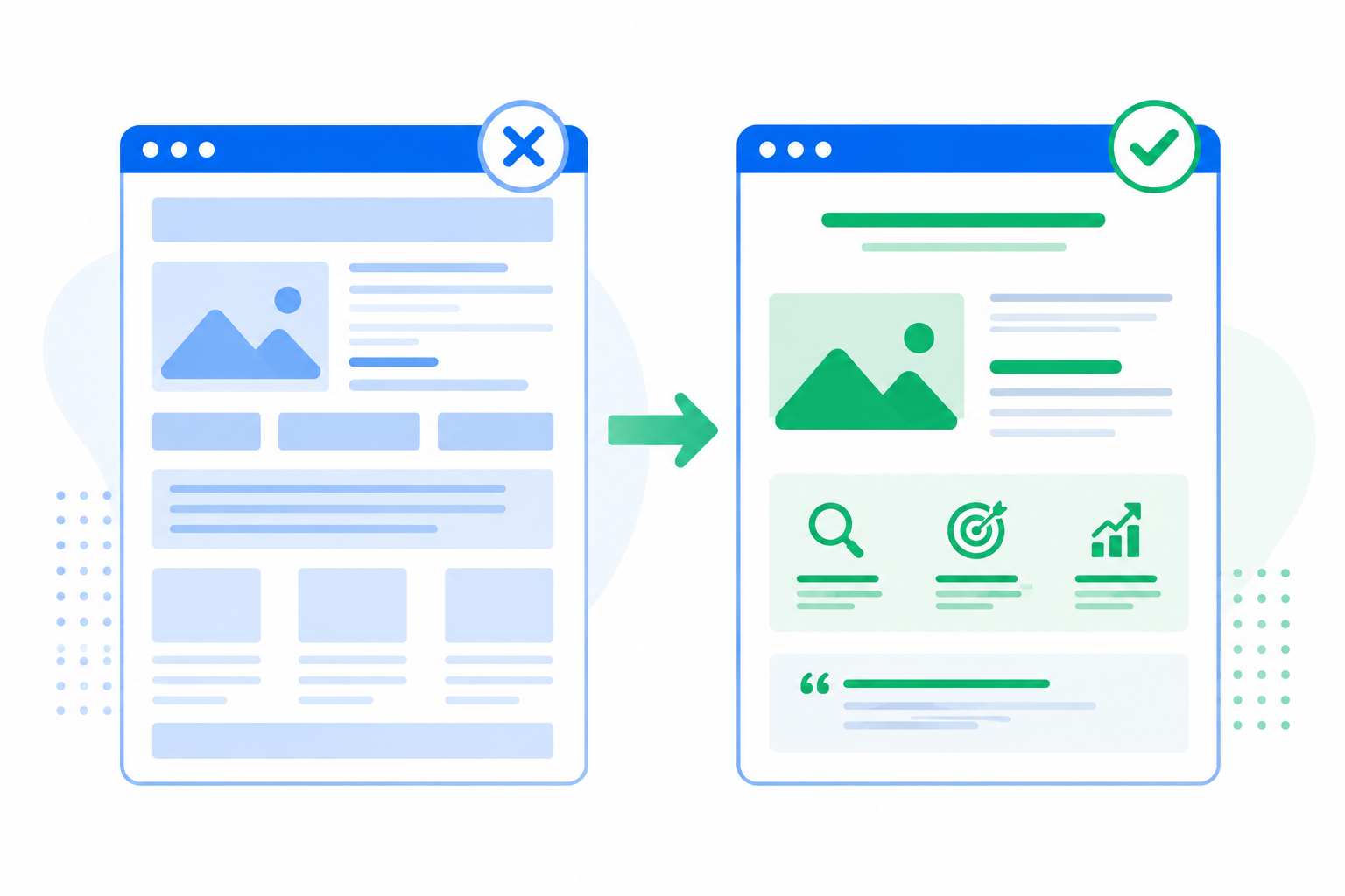 Ilustración flat design que compara una página web antes y después de aplicar técnicas de SEO On Page para mejorar su estructura y posicionamiento.