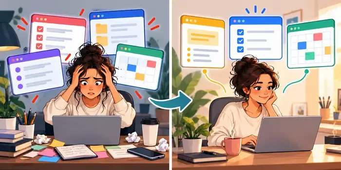 Antes y después de una diseñadora autónoma que pasa de cuatro aplicaciones solapadas a tres herramientas con funciones claras