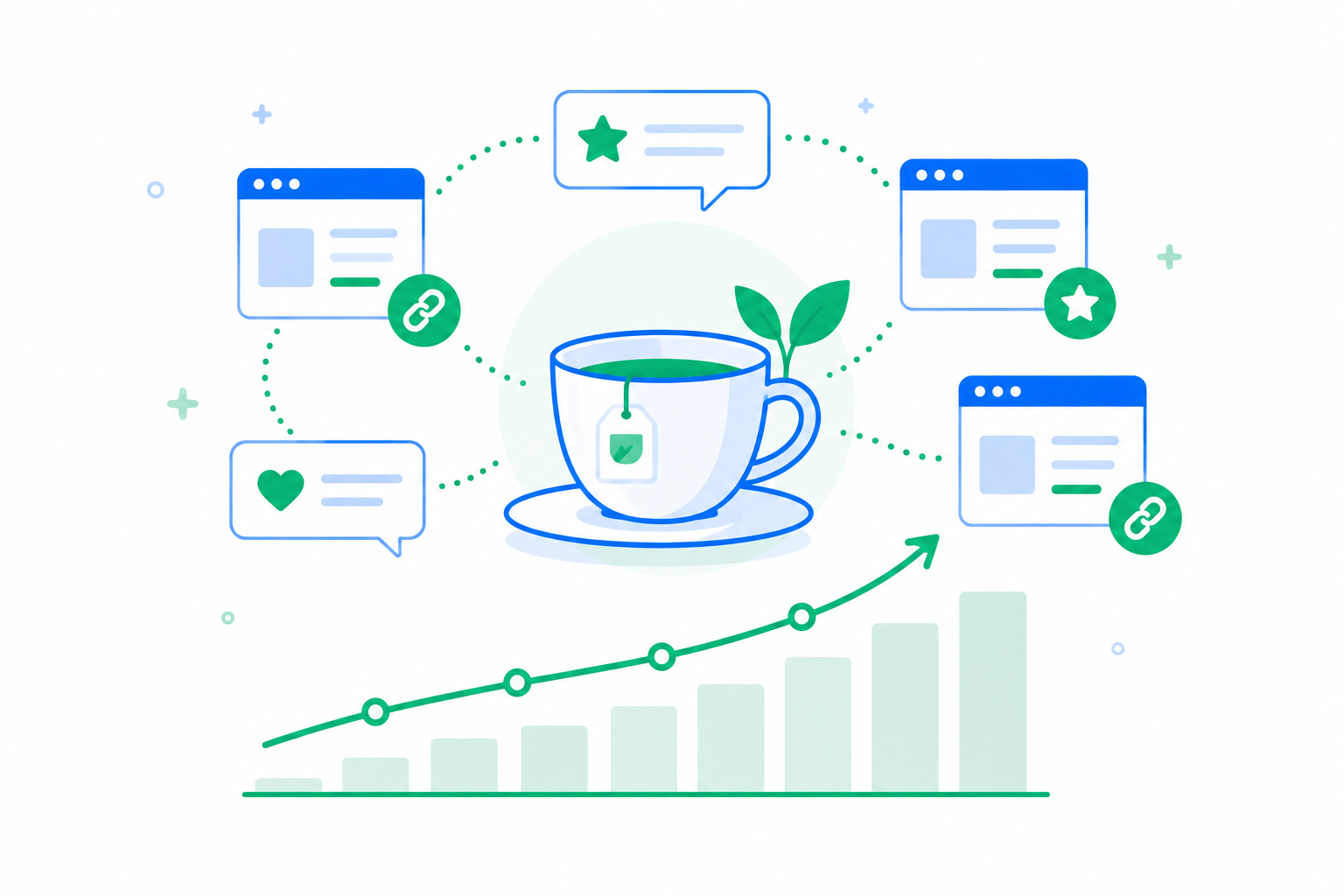 Ilustración flat design que representa una tienda online de té construyendo autoridad mediante menciones, enlaces de calidad y crecimiento progresivo.