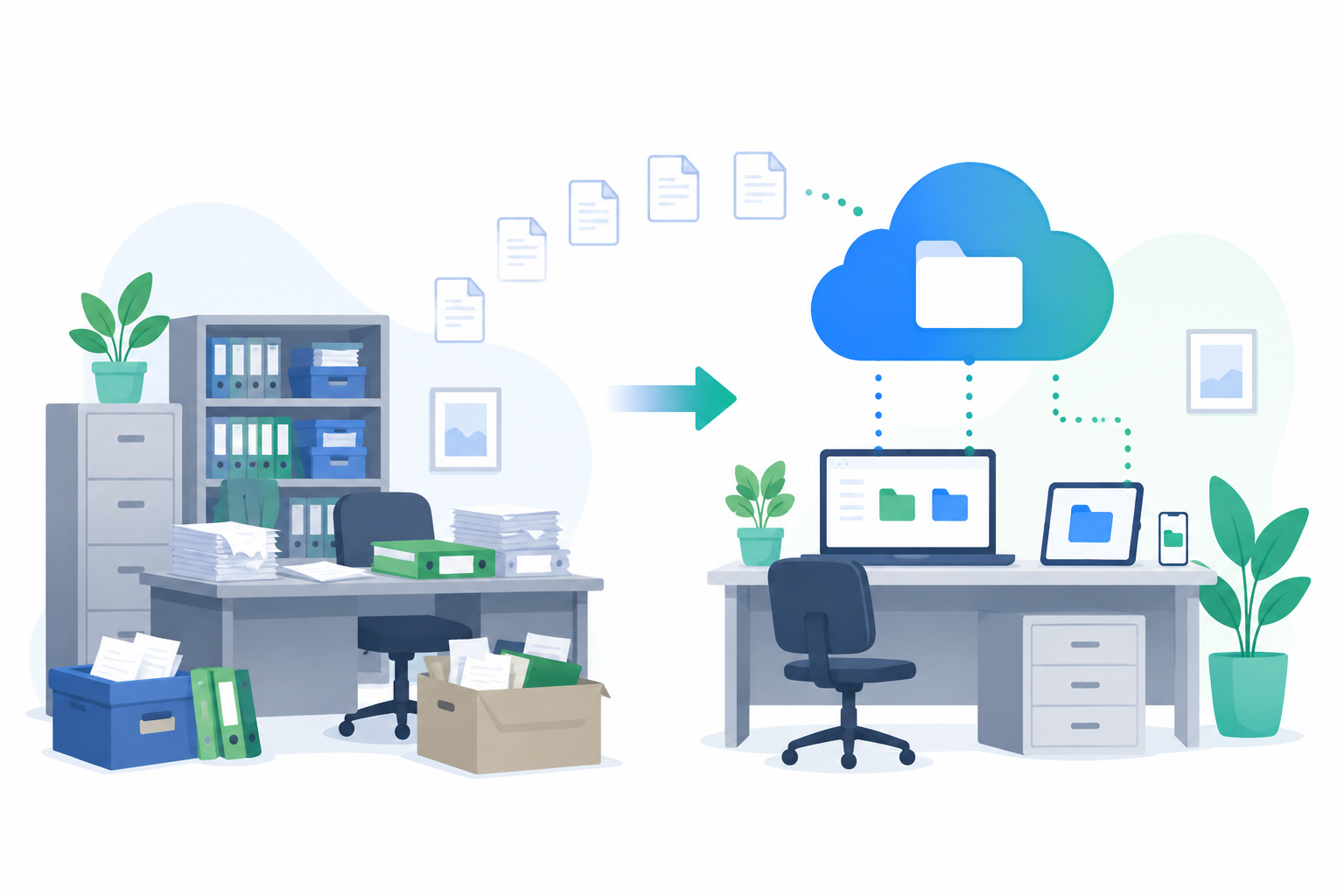 Ilustración flat design que representa la transición de una pequeña empresa desde archivos físicos y almacenamiento local hacia el Cloud Computing.