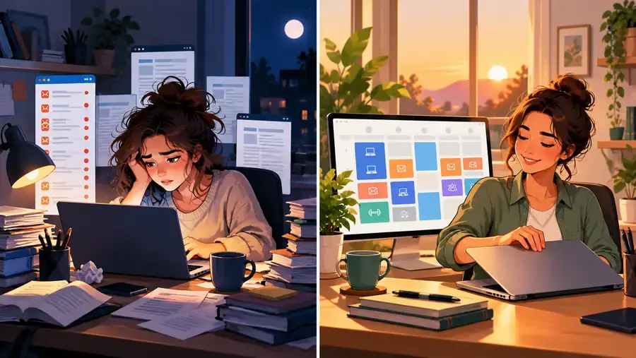 Antes y después de una traductora autónoma que pasa de trabajar de noche a organizar su semana con bloques de tiempo