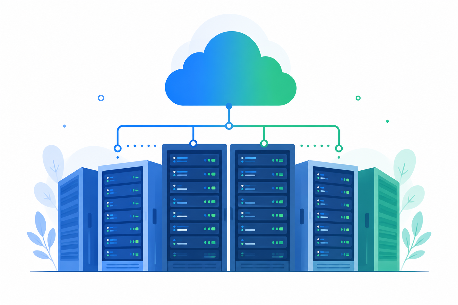 Ilustración flat design de un centro de datos con servidores conectados a una nube, representando la infraestructura del Cloud Computing.
