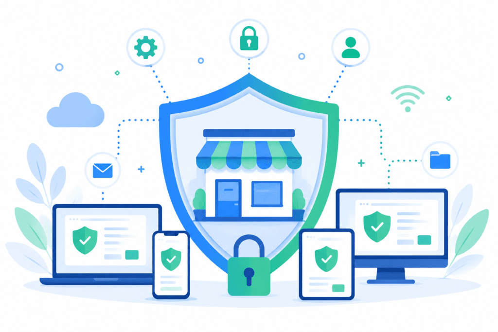 Ilustración flat design de un escudo digital protegiendo un pequeño negocio conectado a varios dispositivos, representando la ciberseguridad empresarial.