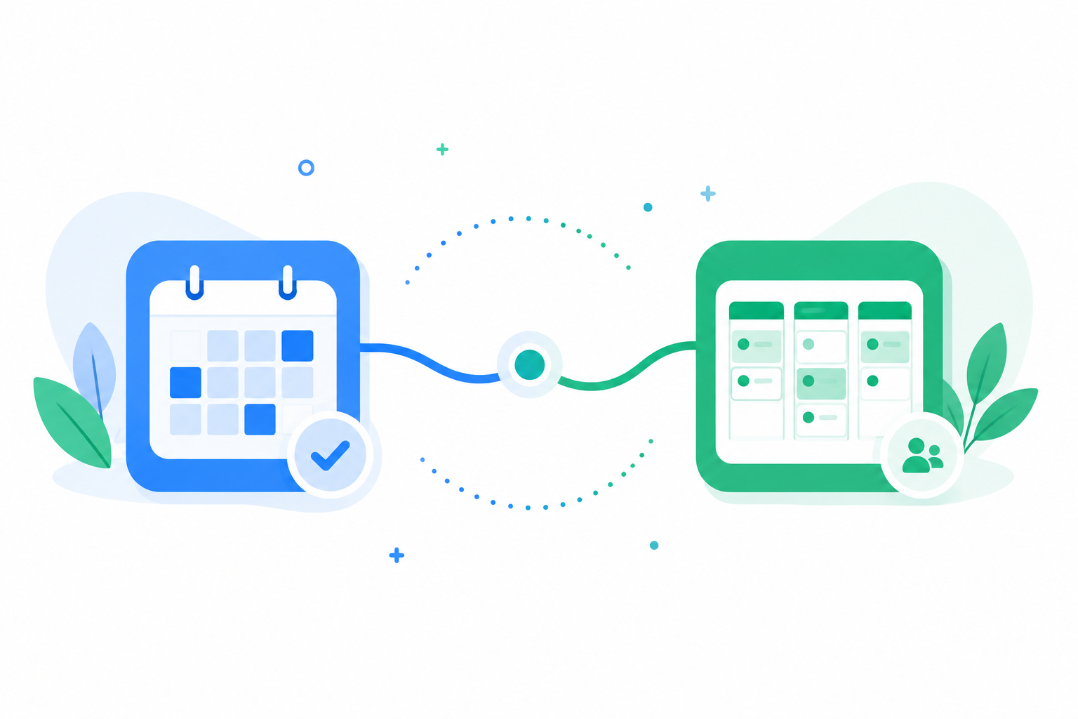 Ilustración flat design de dos aplicaciones de productividad conectadas para trabajar de forma complementaria sin duplicar tareas.