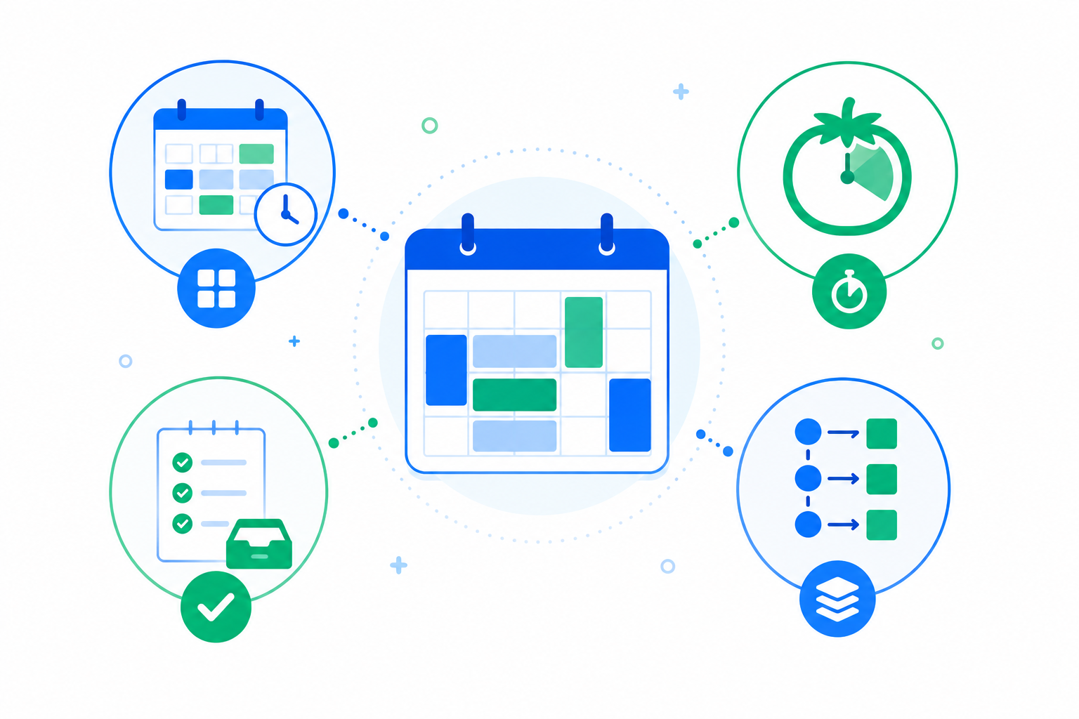 Ilustración flat design que compara el método Time Blocking con otros sistemas de organización del tiempo como Pomodoro, GTD y listas de tareas.