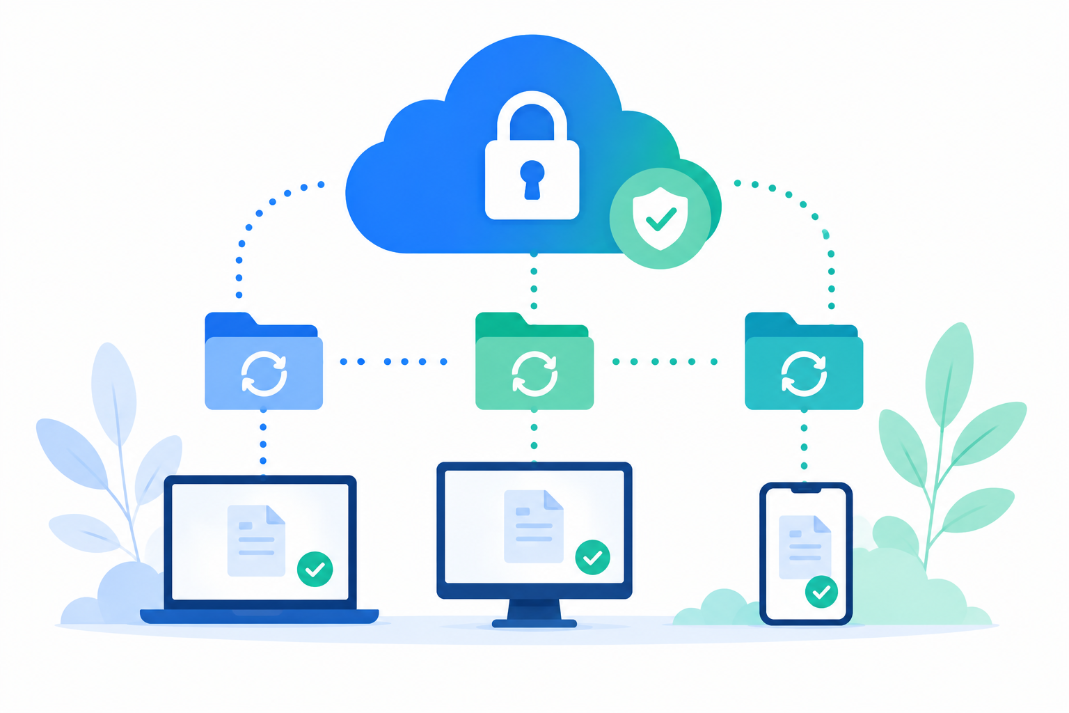 Ilustración flat design de una nube protegida con un candado y carpetas sincronizadas entre varios dispositivos, representando las copias de seguridad y la protección de datos en la nube.