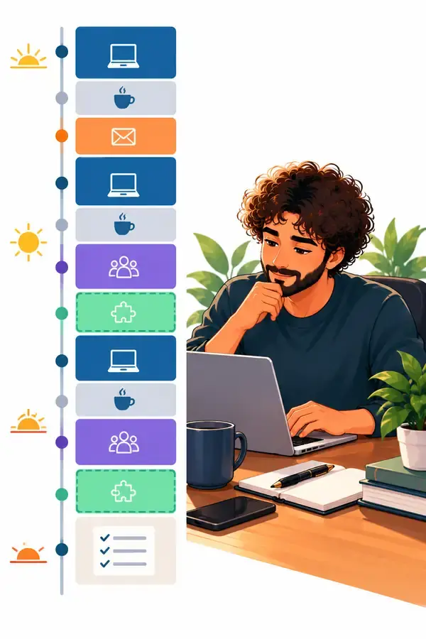 Línea temporal de una jornada organizada con bloques de trabajo profundo, descansos, correo, reuniones y tiempo flexible