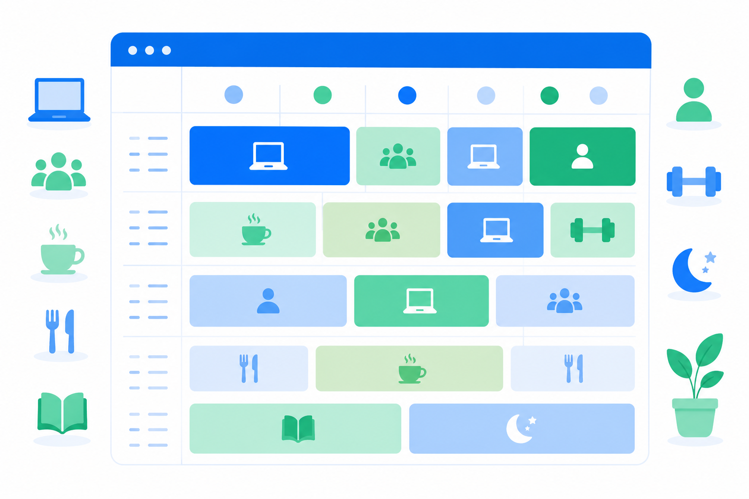 Ilustración flat design de una agenda diaria organizada mediante bloques de tiempo para trabajo, reuniones, descansos, ejercicio y tiempo personal.
