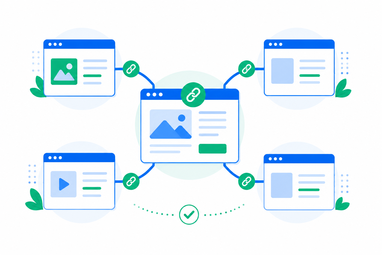 Ilustración flat design que representa varias páginas web conectadas mediante enlaces internos para mejorar la navegación y el SEO On Page.