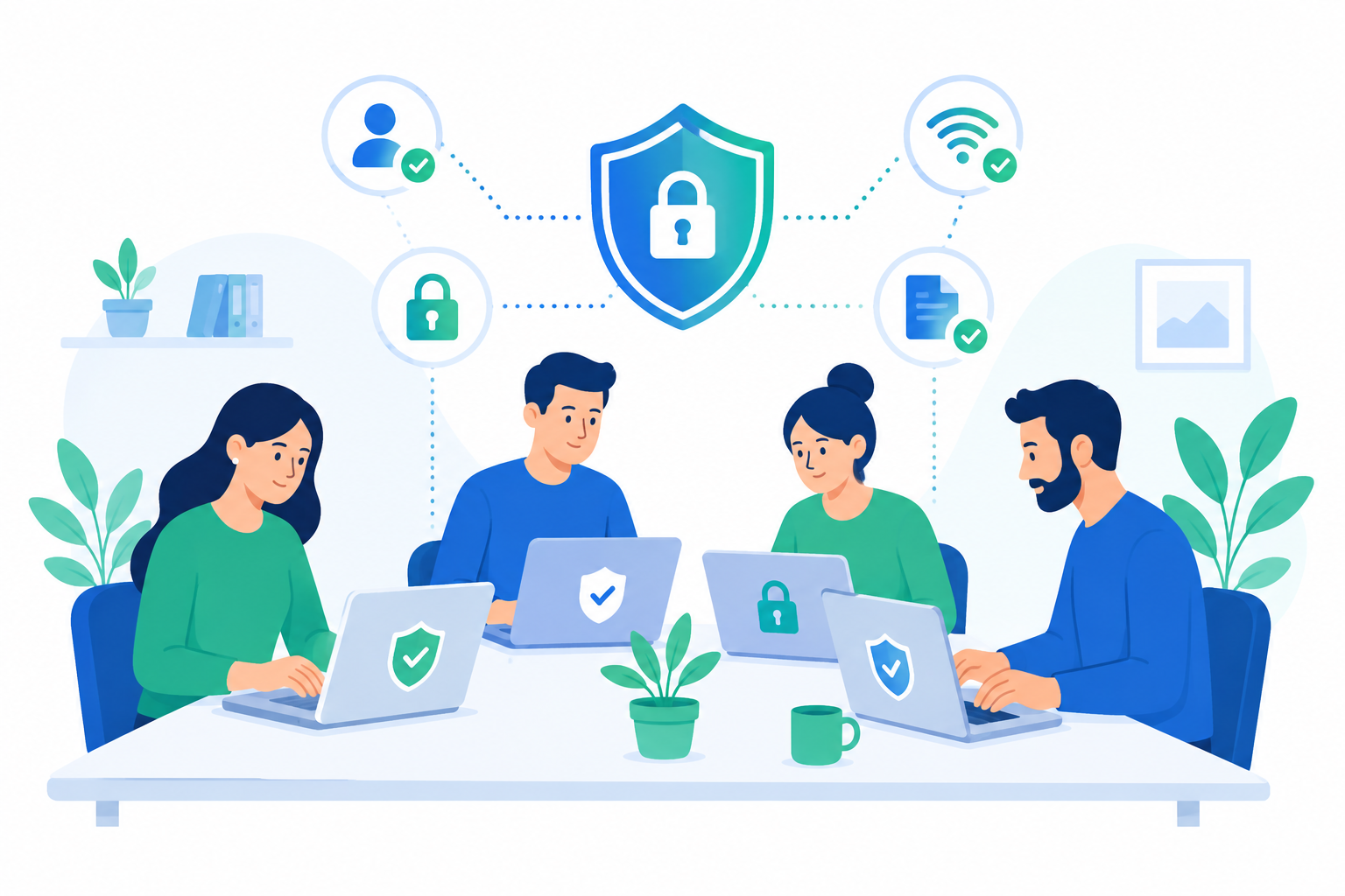 Ilustración flat design de un equipo utilizando ordenadores con herramientas digitales protegidas mediante medidas de ciberseguridad.