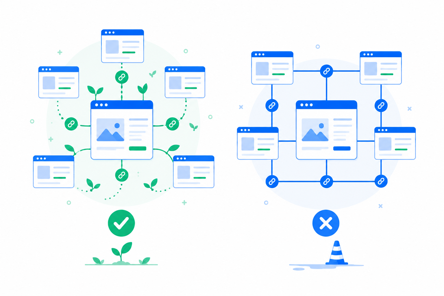 Ilustración flat design que compara una estrategia de enlaces naturales con una red artificial de enlaces de riesgo utilizada en SEO Off Page.