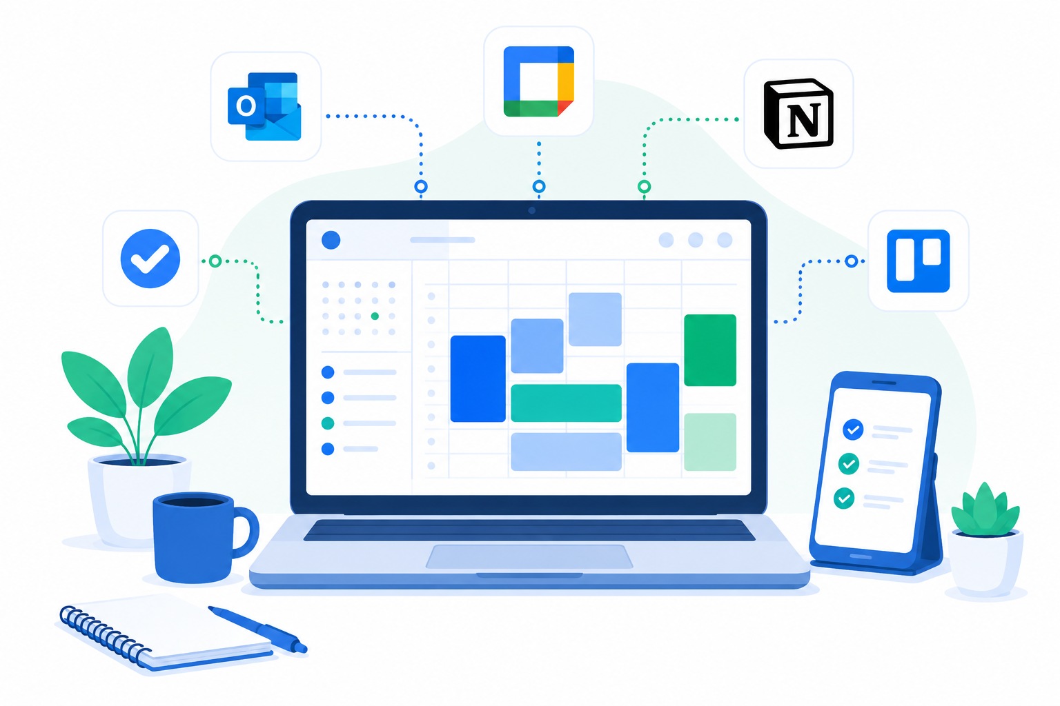 Ilustración flat design de un ordenador con un calendario digital conectado a aplicaciones de productividad para organizar bloques de tiempo.