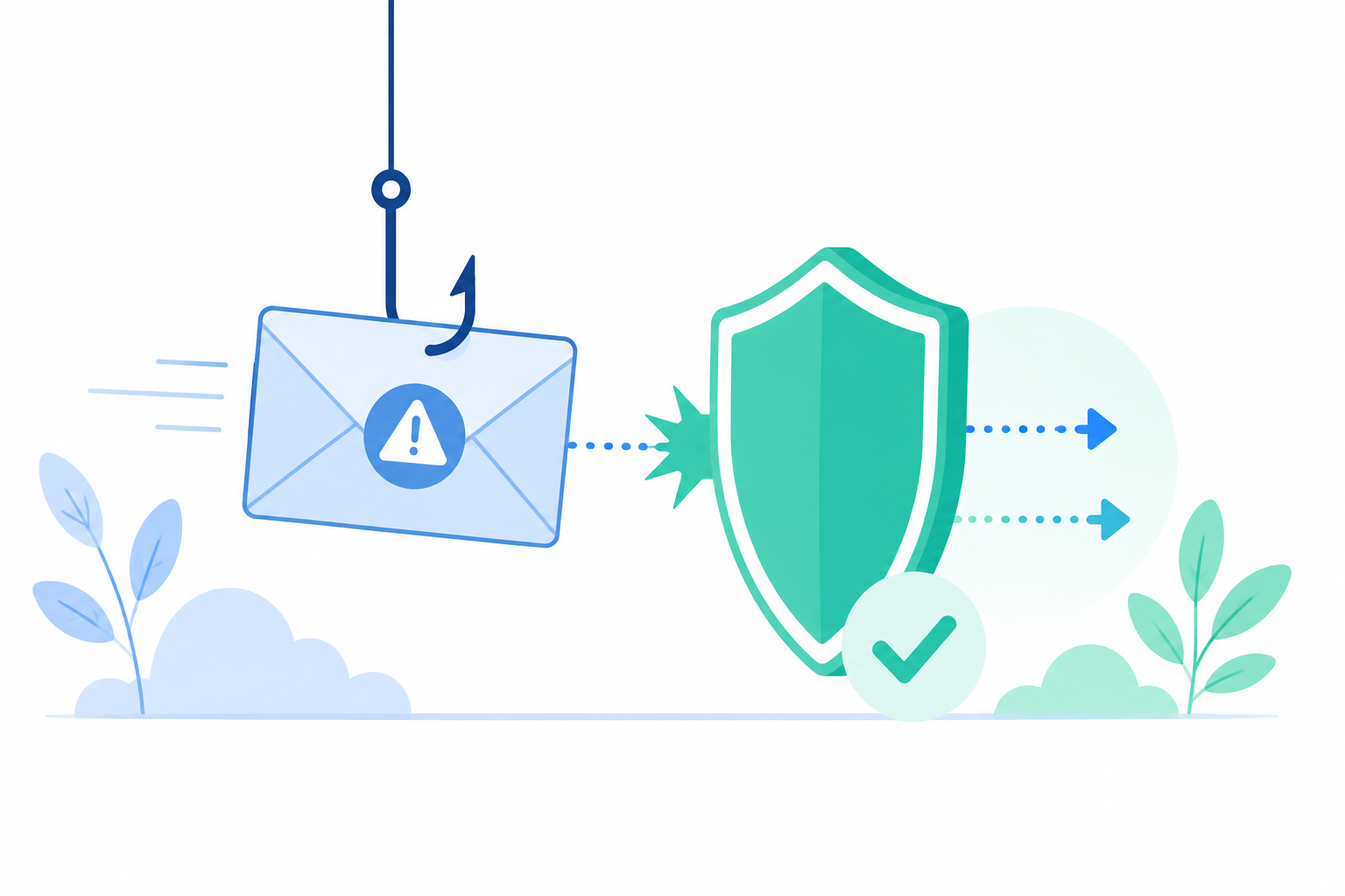 Ilustración flat design que representa un intento de phishing bloqueado por un escudo de seguridad antes de llegar al usuario.