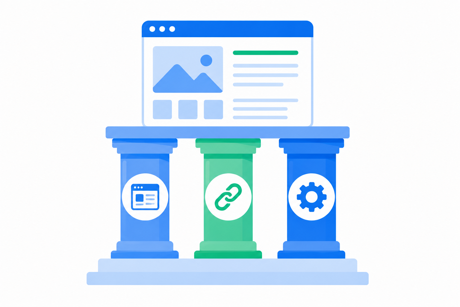 Ilustración flat design que representa los tres pilares del SEO sosteniendo una página web, simbolizando el SEO On Page, el SEO Off Page y el SEO Técnico.