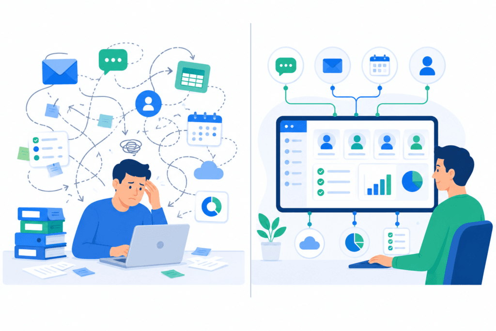 Ilustración flat design que compara un negocio desorganizado, con herramientas desconectadas, frente a otro estructurado mediante un sistema comercial centralizado.