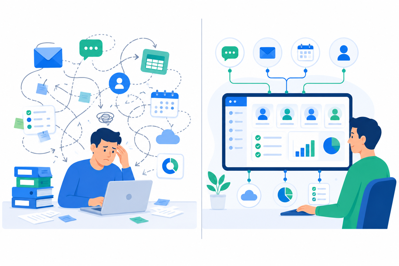 Ilustración flat design que compara un negocio desorganizado, con herramientas desconectadas, frente a otro estructurado mediante un sistema comercial centralizado. PLAN START IA opiniones