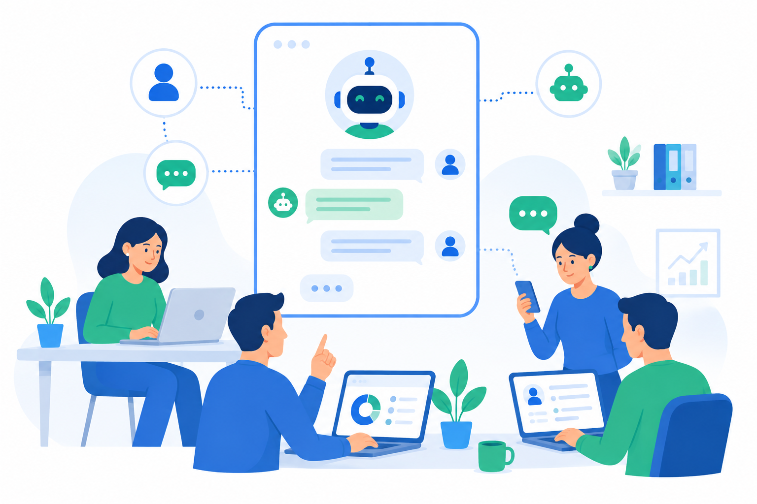 Ilustración flat design de una pequeña empresa utilizando inteligencia artificial para atender consultas de clientes mediante un asistente conversacional.