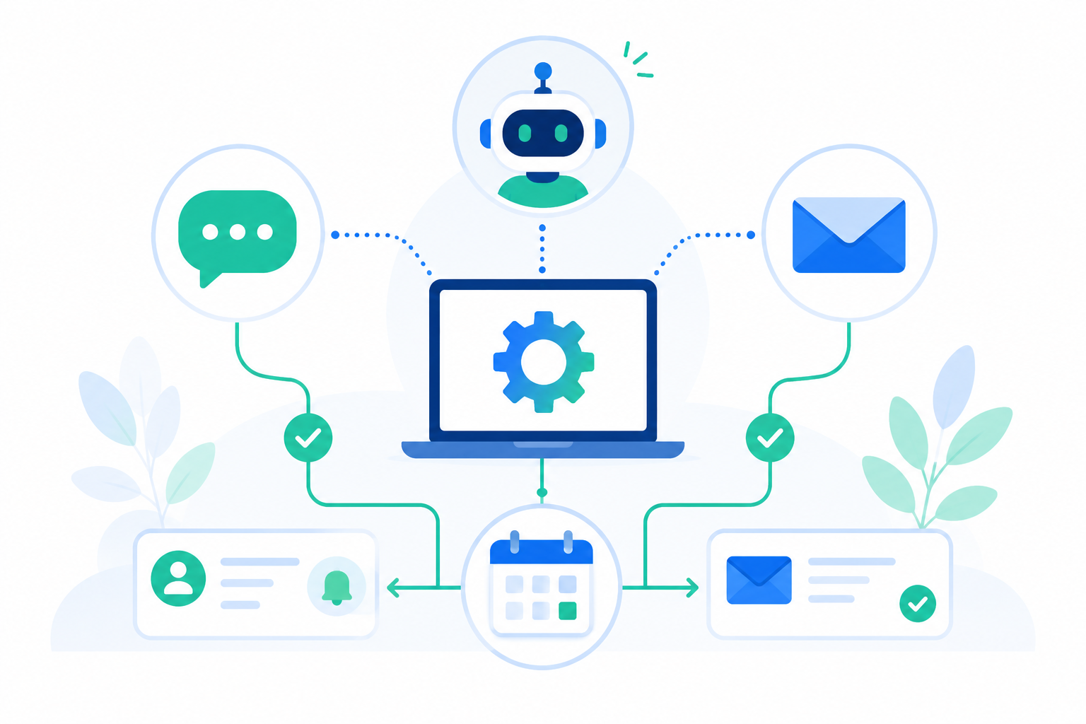 Ilustración flat design de un sistema de automatización comercial que conecta WhatsApp, correo electrónico, agenda e inteligencia artificial para gestionar seguimientos y recordatorios.