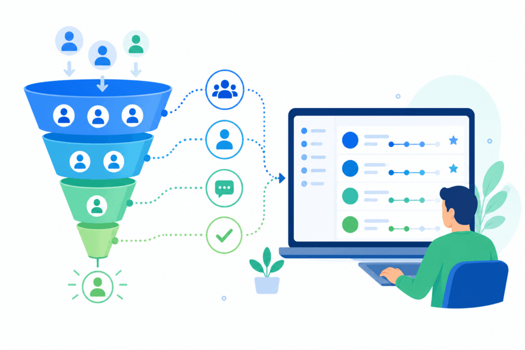 Ilustración flat design de un embudo de ventas conectado a un sistema CRM para gestionar oportunidades comerciales en distintas fases.