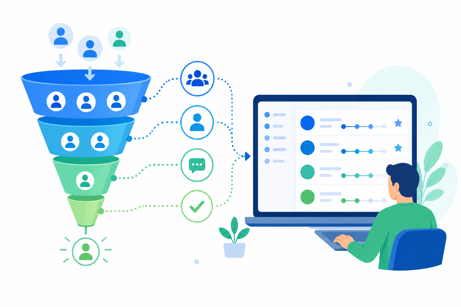 Ilustración flat design de un embudo de ventas conectado a un sistema CRM para gestionar oportunidades comerciales en distintas fases.