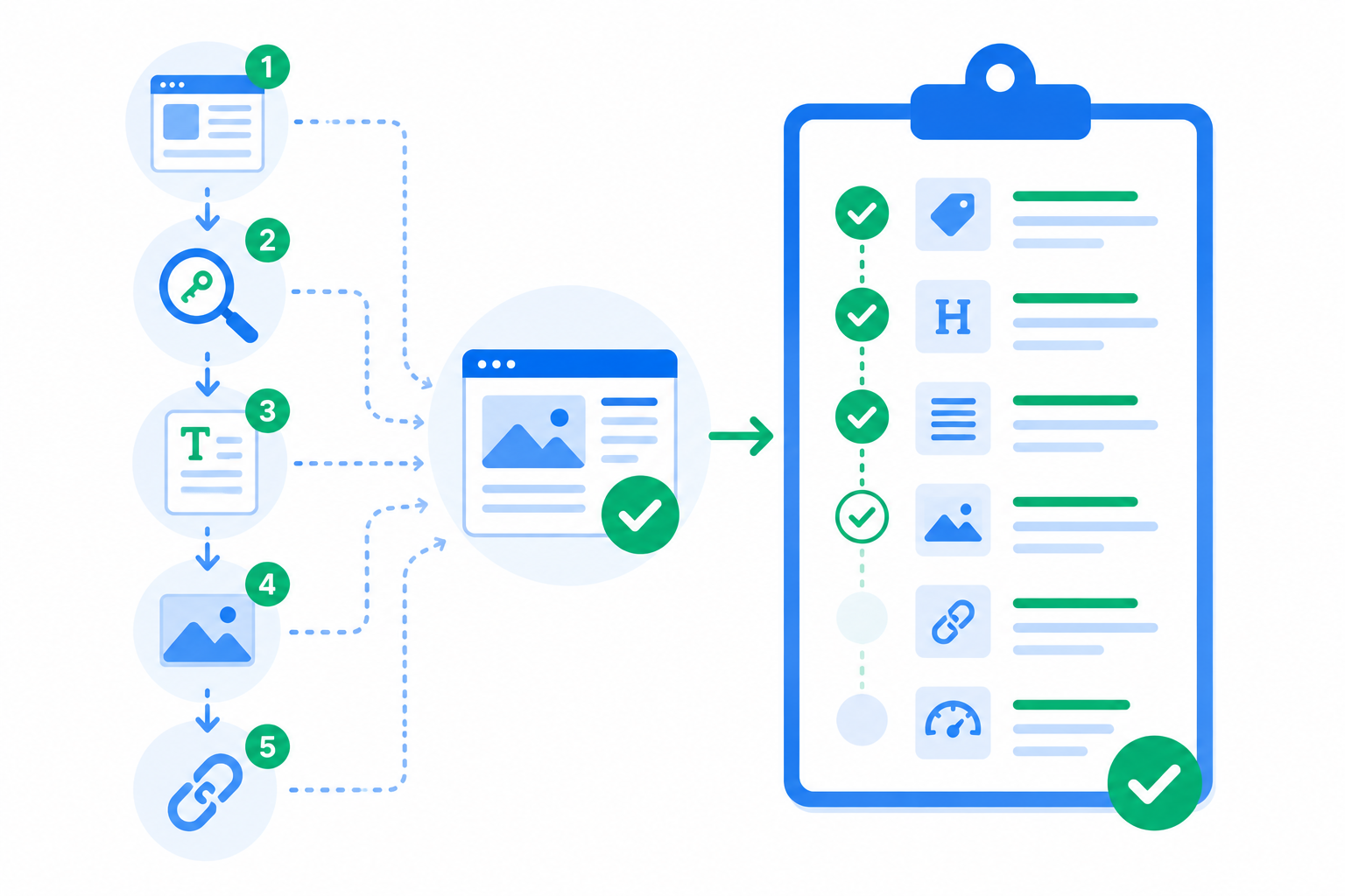 Ilustración flat design de una lista de verificación que representa el proceso paso a paso de optimización SEO On Page de una página web.