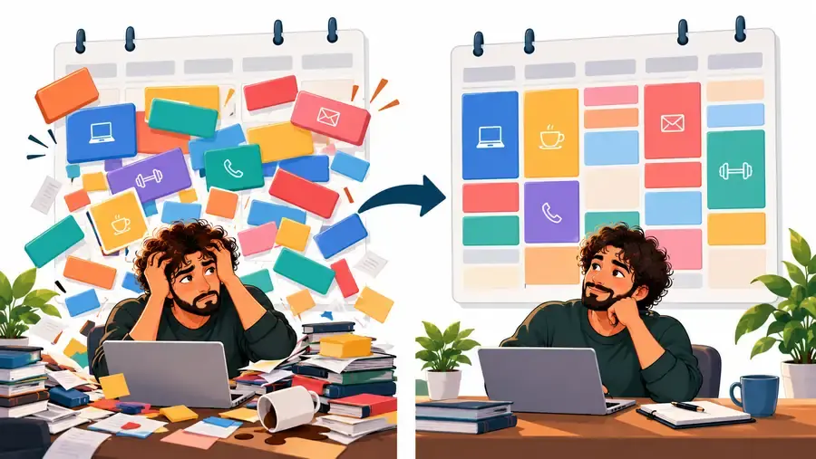 Comparación entre un día desordenado con tareas amontonadas y un día organizado con bloques de tiempo y huecos libres