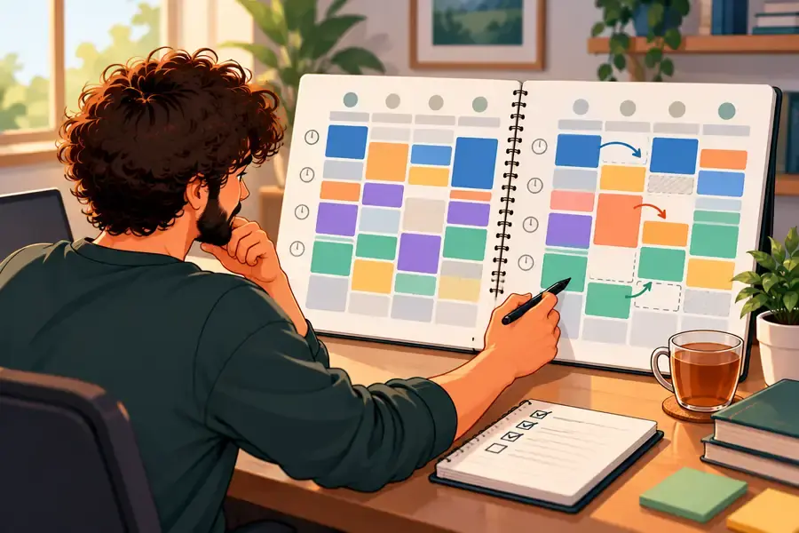Persona comparando los bloques planificados con los reales en su calendario semanal para ajustar la siguiente semana