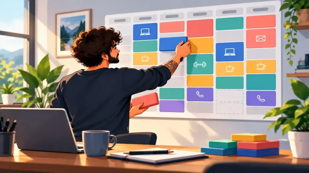 Persona colocando bloques de colores en un calendario semanal, ilustrando qué es el time blocking y cómo organizar el tiempo por bloques