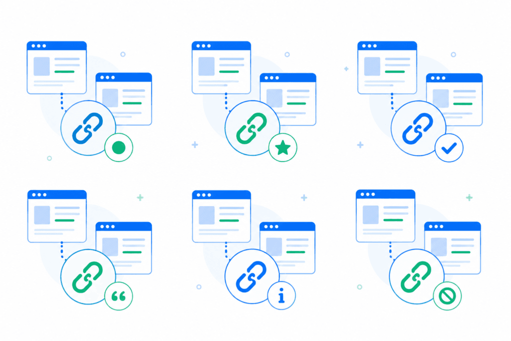 Ilustración flat design que representa distintos tipos de backlinks entre páginas web, diferenciados mediante varios atributos y niveles de relevancia.