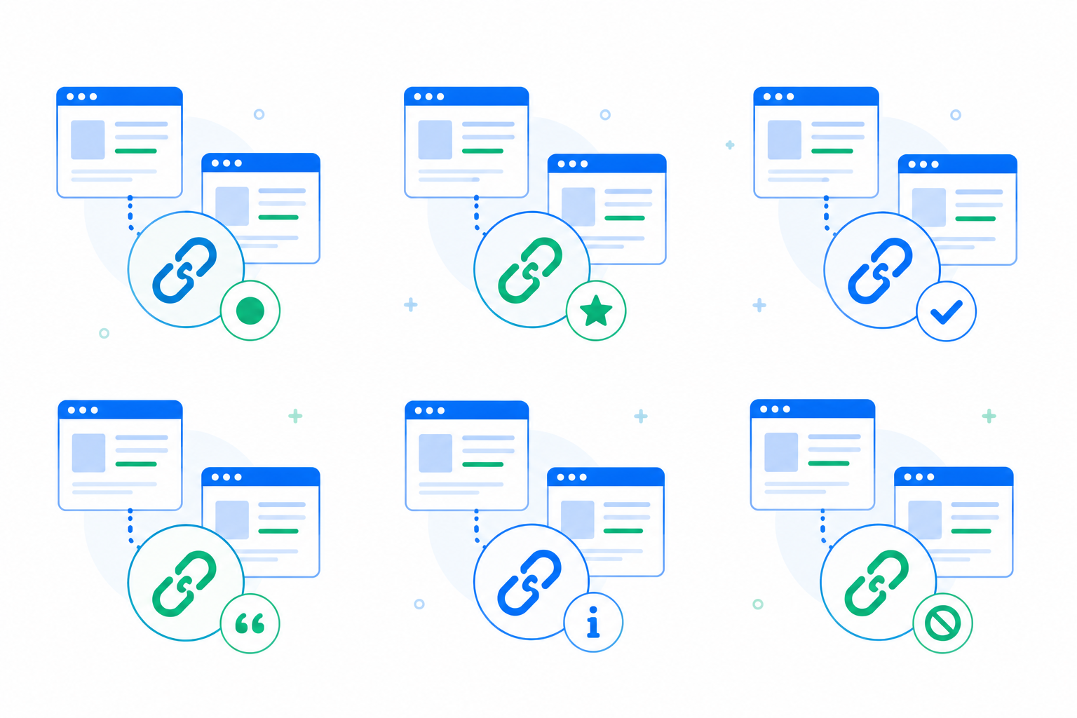 Ilustración flat design que representa distintos tipos de backlinks entre páginas web, diferenciados mediante varios atributos y niveles de relevancia.
