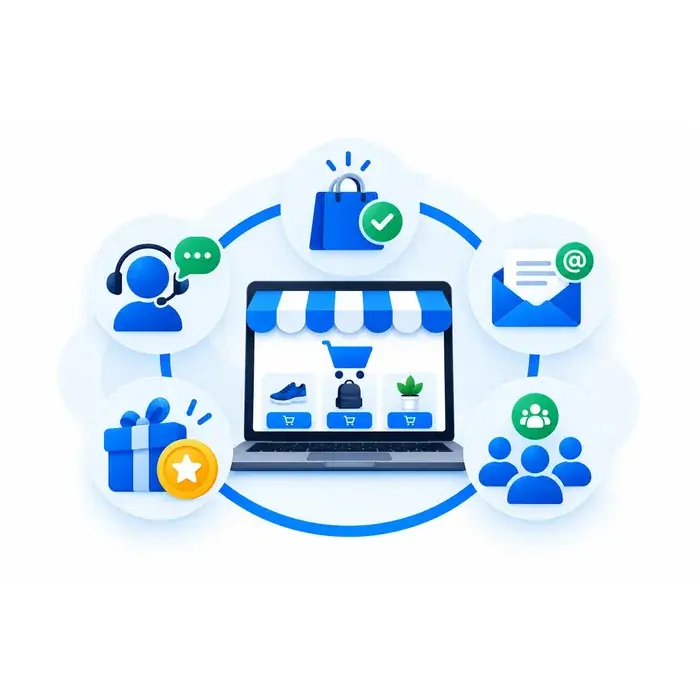 Infografía que representa estrategias para fidelizar clientes en un negocio online: experiencia de compra, atención al cliente, email, recompensas y comunidad.