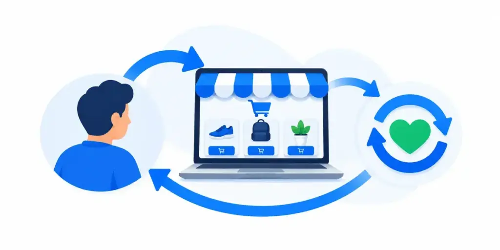 Infografía que representa la fidelización de clientes en un negocio online mediante compras recurrentes.